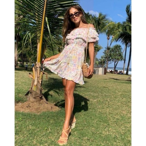 White Floral Print Short Sleeve Off Shoulder Ruffle Tiered Mini Dress - Picture 10 of 15